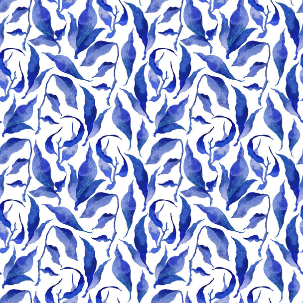 Hand painted watercolor ink leaves seamless floral pattern background. Blue leaves seamless watercolor leaf pattern for fabric, wallpapers, gift wrapping paper, scrapbooking. - Fotoğraf, Görsel