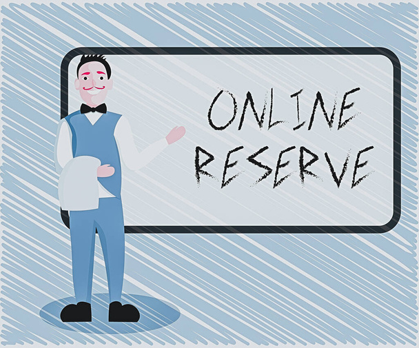 Text sign showing Online Reserve. Conceptual photo enables the customers to book by checking availability Male Waiter Smiling Standing in Uniform Hand Presenting Blank Menu Board. - Photo, Image