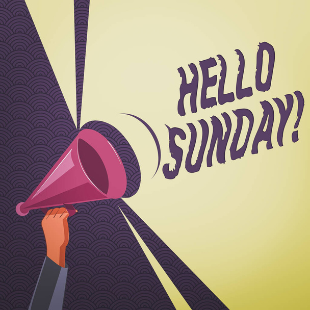 Fogalmi kézírás a Hello Sunday-ről. Üzleti fotó szöveg ihlette pozitív üdvözlés, hogy egy boldog hétvégét Hu elemzés Holding Megafon a hangerő hangerő. - Fotó, kép