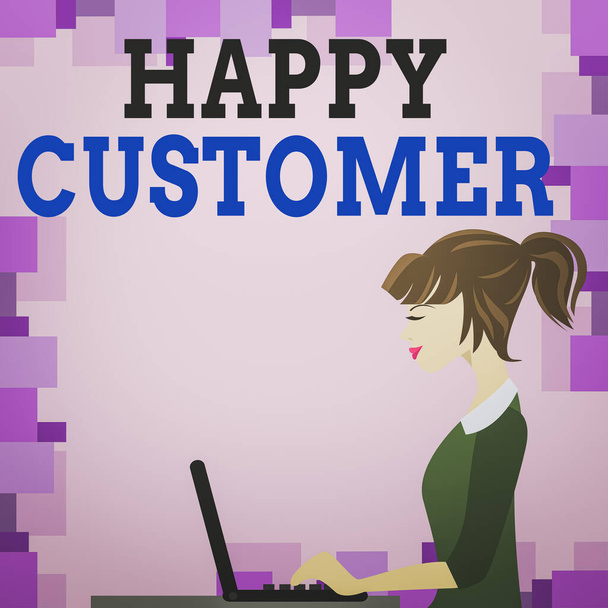 Word writing text Happy Customer. Business concept for highest satisfaction rate with the commodity they bought photo of Young Busy Woman Sitting Side View and Working on her Laptop. - Photo, Image