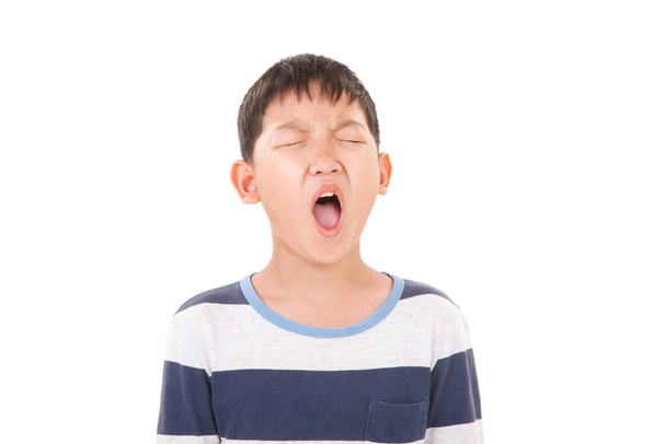 Το ασιατικό παιδί νιώθει θυμωμένο και αγχωμένο. Φορούσε ένα μπλε-γκρι μπλουζάκι, απομονωμένο σε λευκό φόντο. Μύκητες. - Φωτογραφία, εικόνα