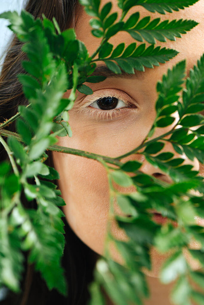 Beautiful brunette looking through branch of fern at camera with eye with vitiligo eyelashes. Close up. - 写真・画像