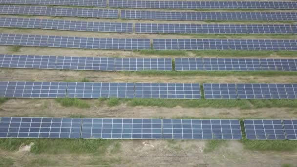 太陽光パネル空中ビュー。ドローンや四面体からの撮影。生態系ターミナル発電所が発電する。未来の代替燃料だ。太陽シリコン電池の平行配置  - 映像、動画