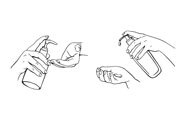 Desinfecção das mãos. Ilustração vetorial desenhada à mão. Garrafa de gel de álcool para limpeza e desinfecção. Desinfetante de imprensa manual. Ilustração vetorial
 - Vetor, Imagem
