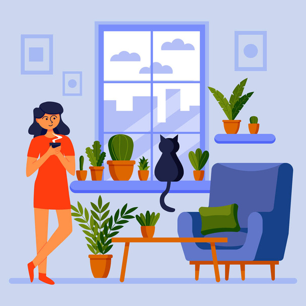 Good morning. Girl at the window with a cat. Morning coffee. Home comfort. Vector illustration. - Vector, Image