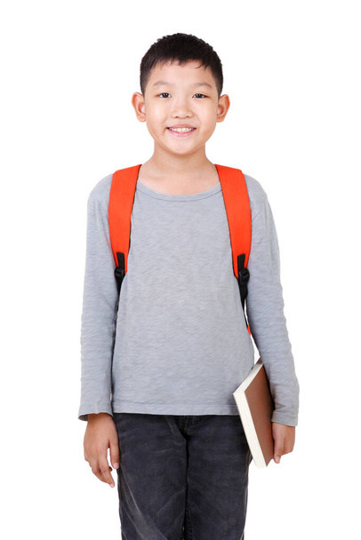 Asian Boy School kid holding book with backpack  Full Body isolated on White background. - Foto, Imagen