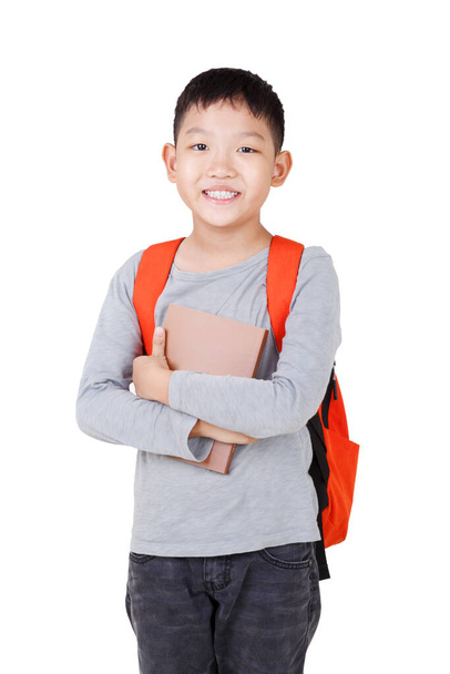 Asian Boy School kid holding book with backpack  Full Body isolated on White background. Cross Hand. Half Body. - Foto, Imagen