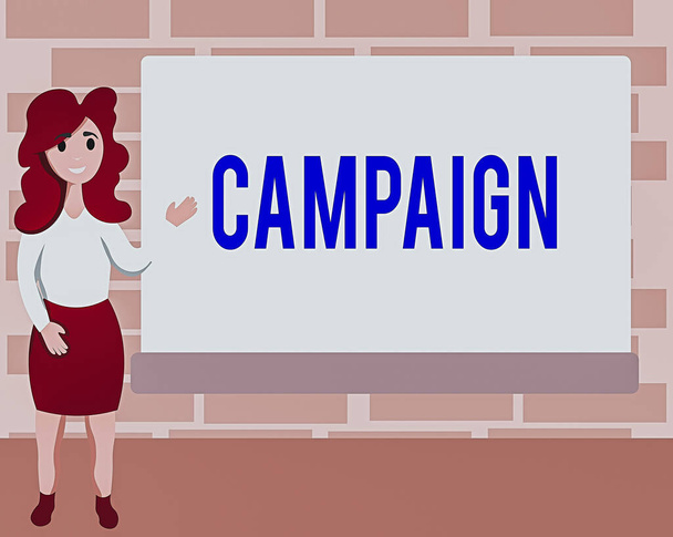 Word writing text Campaign. Business concept for series of activities meant to produce a particular result Female Hu analysis Standing Hand Presenting Rectangular Blank Whiteboard. - Photo, Image