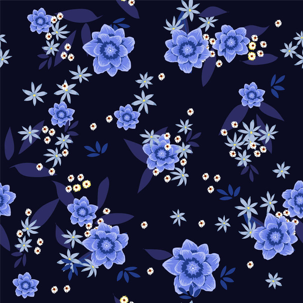 Trendy big and small  Floral pattern .botanical  Motifs scattered random. Seamless vector texture. Elegant template for fashion prints. Printing with in hand drawn style in navy blue background. - Foto, imagen