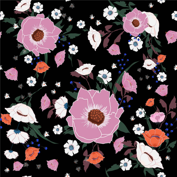 Trendy  Floral pattern in the many kind of flowers. blossom botanical  Motifs scattered random. Seamless vector texture.  Printing with in hand drawn stylenavy black background. - Фото, изображение