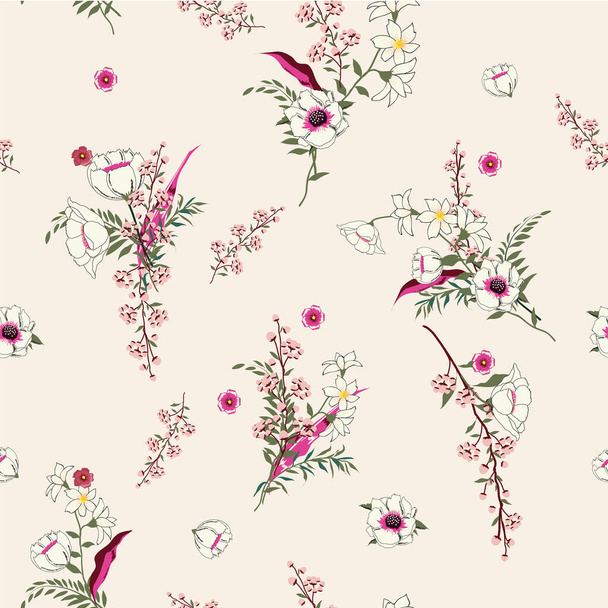 Trendy  Floral pattern in the many kind of flowers. Tropical botanical  Motifs scattered random. Seamless vector texture. Elegant template for fashion prints. Printing with in hand drawn style Light  pink  background. - Photo, Image