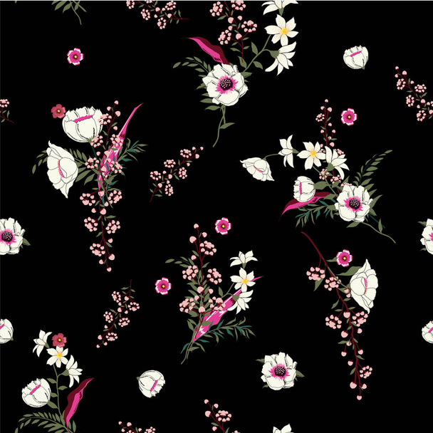 Seamless Pattern wind blow flowers,  Isolated on black color. Botanical Floral Decoration Texture. Vintage Style Design for Fabric Print, Wallpaper Background. - Foto, Bild