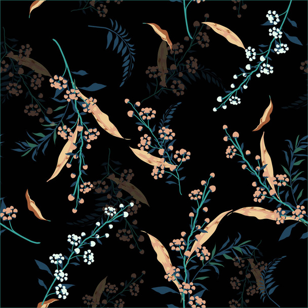 Trendy  Floral pattern in the many kind of flowers. Dark botanical  Motifs scattered random. Seamless vector texture. Elegant template for fashion prints. Printing with in hand drawn style black background. - Foto, Imagem