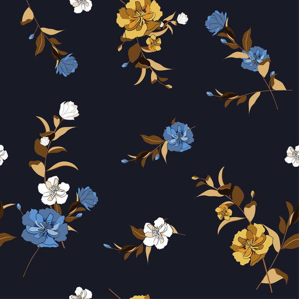 Trendy  Floral pattern in the many kind of flowers. Tropical botanical  Motifs scattered random. Seamless vector texture. Printing with in hand drawn style in navy blue  background. - Zdjęcie, obraz