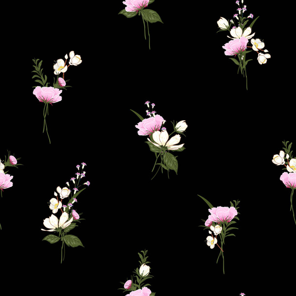Trendy  Floral pattern in the many kind of flowers. Botanical  Motifs scattered random. Seamless vector texture  for fashion prints. Printing with in hand drawn style on darl black background. - Foto, Imagen