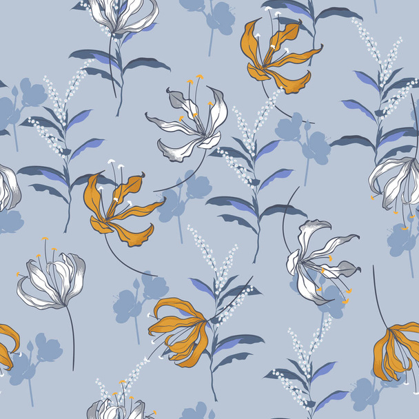 Trendy  Floral pattern in the many kind of flowers. Blooming botanical  Motifs scattered random. Seamless vector texture for fashion prints. Printing with in hand drawn style on light blue. - Foto, afbeelding
