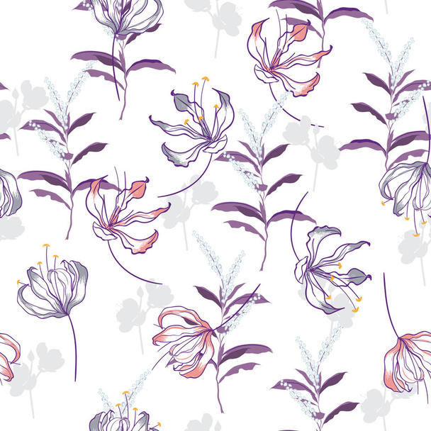 Trendy  Floral pattern in the many kind of flowers. Blooming botanical  Motifs scattered random. Seamless vector texture for fashion prints. Printing with in hand drawn style on white. - Zdjęcie, obraz