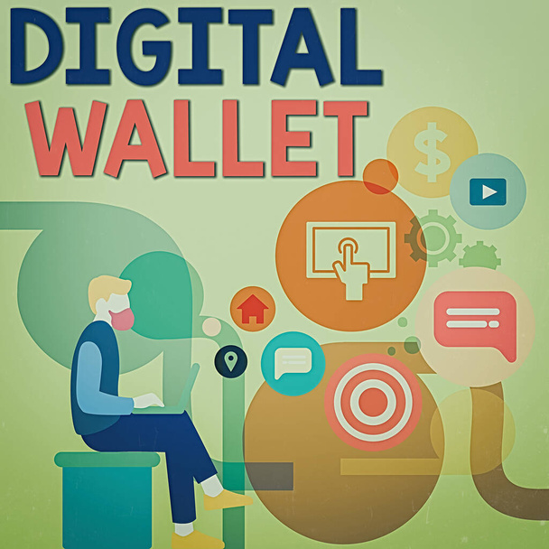 Word writing text Digital Wallet. Business concept for a financial account that allows creating an online transaction Man Sitting Down with Laptop on his Lap and SEO Driver Icons on Blank Space. - Photo, Image