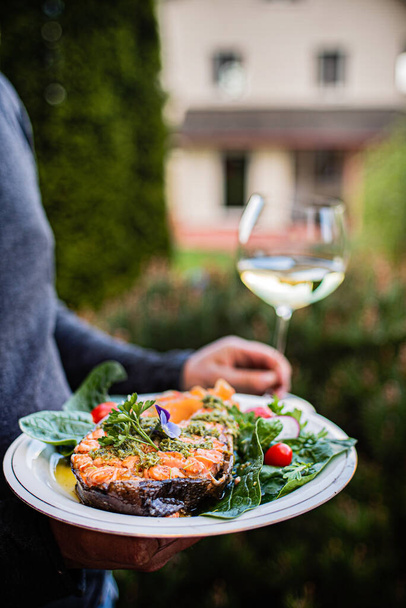 grilled salmon with salad and wine - 写真・画像