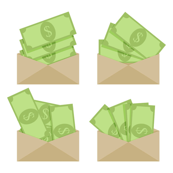 Πράσινο τραπεζογραμμάτιο σε χάρτινο φάκελο, μισθό δωροδοκίας ή μισθό. Τραπεζογραμμάτιο, πληρωμή λογαριασμών διαφθοράς ή χρηματοδότησης, τραπεζικό νόμισμα, πληρωμή ή εισόδημα, αποστολή χρημάτων. Εικονογράφηση διανύσματος - Διάνυσμα, εικόνα