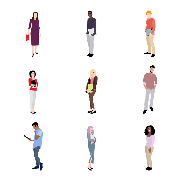 Set of students boy and girl. Vector diversity student, guys woman and man, school person, college or university pupils, teenager standing collection for design or game illustration - Vector, Image