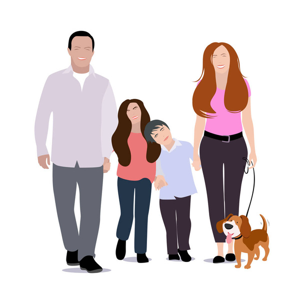 Joyeux famille avec promenades en chien. Les gens mère père, fils et fille marchent avec animal de compagnie, enfant et papa en plein air. Illustration vectorielle
 - Vecteur, image