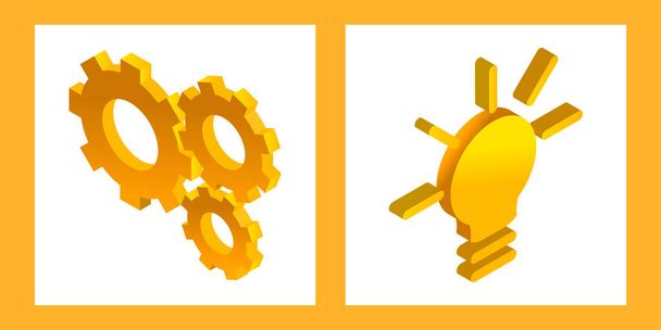 conjunto de dos ilustraciones con engranajes amarillos y bombilla en perspectiva. estilo isométrico. idea de concepto. Tres ruedas dentadas. mecanismo complejo. icono abstracto moderno
 - Vector, imagen