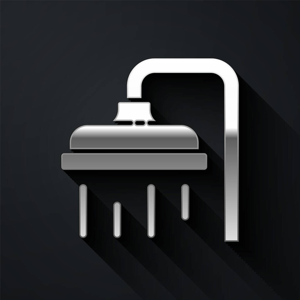 Pommeau de douche argenté avec gouttes d'eau coulant icône isolée sur fond noir. Style ombre longue. Illustration vectorielle
 - Vecteur, image