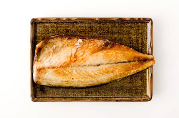 Grilled mackerel(Saba) on a Square plate on white background - Фото, зображення