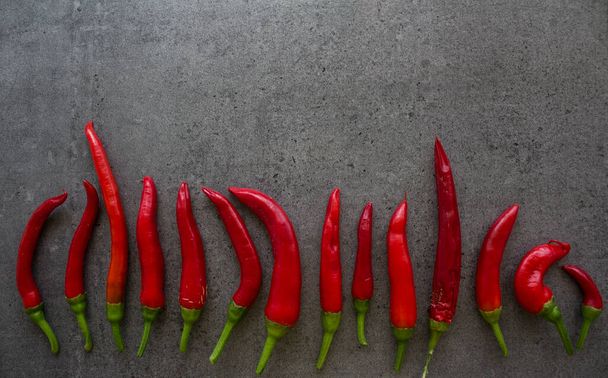 Vörös chilis paprika egymás után a kőasztalnál. Sötétszürke háttér másolási hellyel. Összetevők top view fotó. Növényi textúra közelről.  - Fotó, kép
