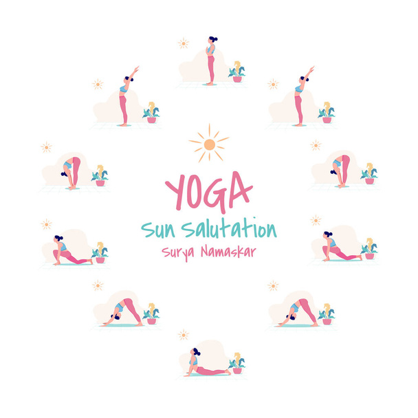 Векторный набор упражнений йоги Sun Salutation / Surya Namaskar. стройные женщины в различных положениях yoga, фитнес yoga женщины тренировки, комплект иллюстрации вектора
. - Вектор,изображение