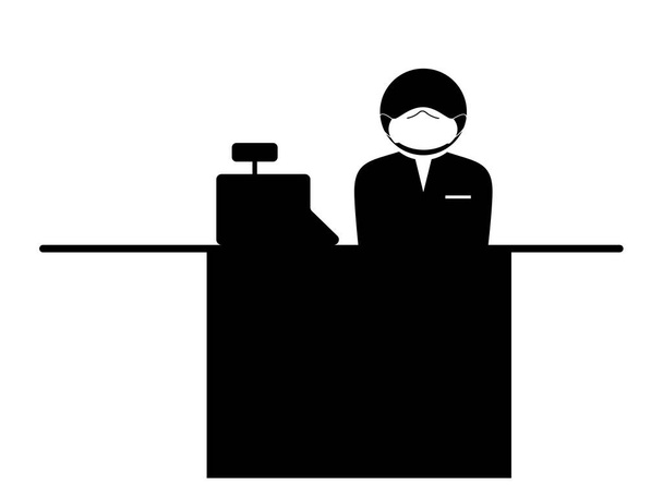 Kasjer z ikoną Maski. Czarno-biały piktogram przedstawiający kasjera sprawdź figurę licznika z maską na twarz ŚOI podczas pandemii. Plik wektorowy - Wektor, obraz
