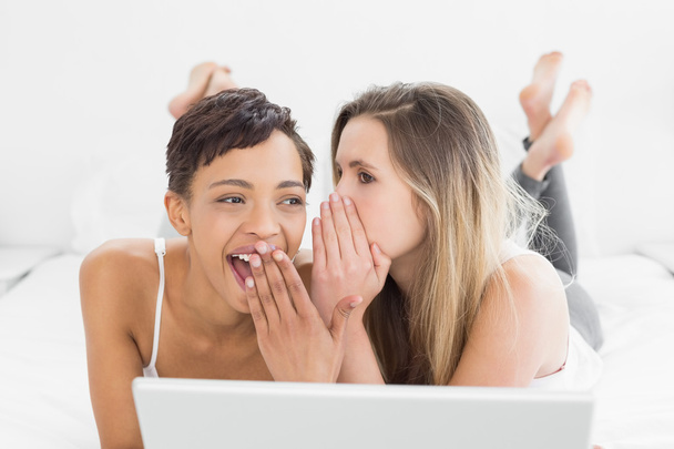 Female friends with laptop gossiping in bed - Fotografie, Obrázek