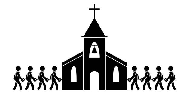 Lidé chodí do kostela. Černobílý piktogram zobrazující lidi, kteří se účastní bohoslužby mše, držící Bibli svatou. Soubor vektoru - Vektor, obrázek
