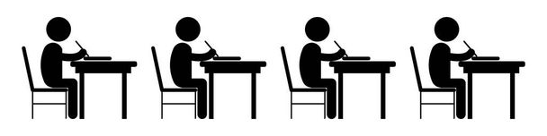 Meervoudige student Studeren klaslokaal. Zwart-wit pictogram waarop veel studenten studeren schrijven in een lijn. Vectorbestand - Vector, afbeelding