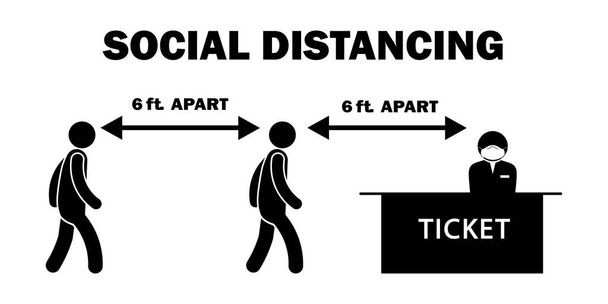 Social Distancing 6ft voet Apart Stick Figuur bij Ticket Counter Line wachtrij met masker. Zwart-wit vectorbestand - Vector, afbeelding