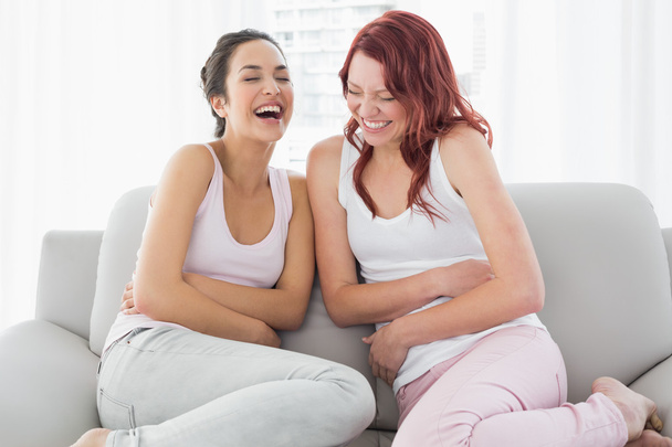 Two beautiful young female friends laughing in living room - Фото, изображение