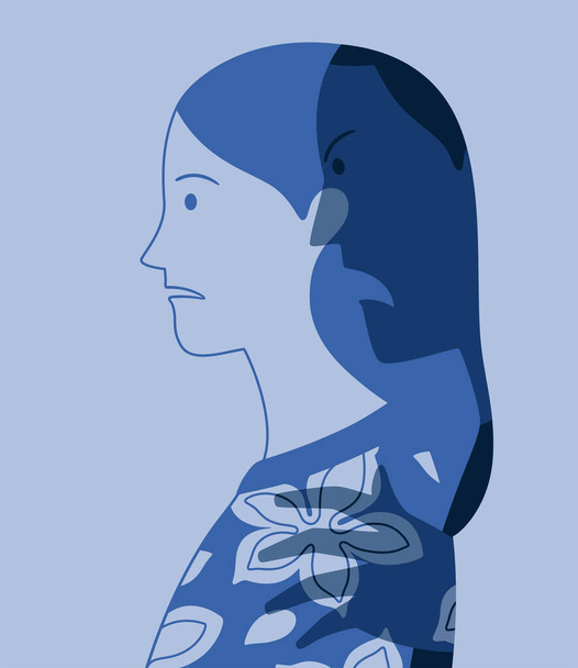 Vector profile portrait of young woman oppressed by fear of male violence represented as a dark and aggressive silhouette - Vector, Image