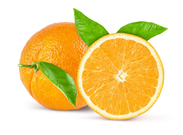Whole orange fruit and slice with leaf isolated on white background. Clipping path - Fotoğraf, Görsel