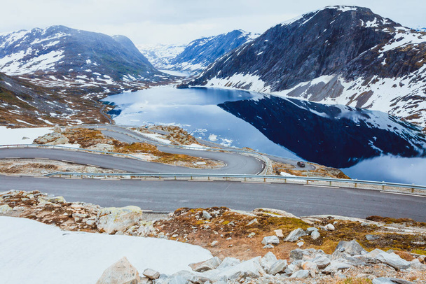 Tourism holidays and travel. Road to Dalsnibba mountain and Djupvatnet lake in Stranda More og Romsdal, Norway Scandinavia. - Fotografie, Obrázek