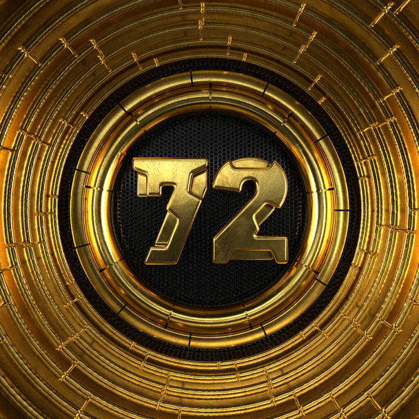 Gold Nummer 72 (Nummer zweiundsiebzig) mit perforiertem schwarzem Metallhintergrund und ringsum Goldringe. 3D-Illustration - Foto, Bild
