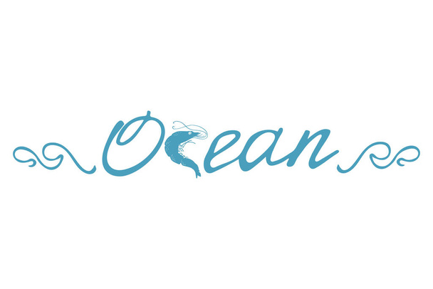 Ocean, lettering, blue vector illustration. Poster Design. - Vektör, Görsel