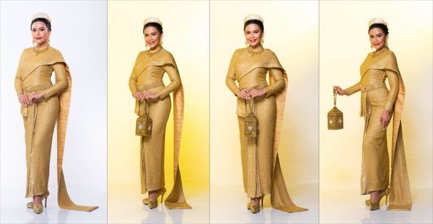 Goldenes Kleid der thailändischen Tracht oder südostasiatisches Gold Kleid in asiatischer Frau mit Dekorationsporträt in vielen Posen unter Studioleuchtung Rosa süßer Hintergrund, Collage Gruppenpackung - Foto, Bild