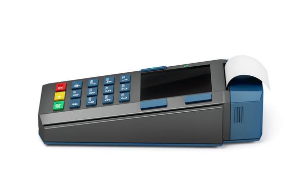 Терминал кредитной карты на белом фоне, вид сбоку
 - Фото, изображение