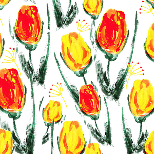 Multicolored spring tulips are drawn in gouache and created a seamless pattern. - Fotó, kép
