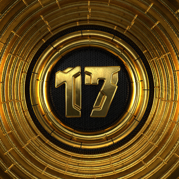 Gold Nummer 17 (Nummer 17) mit perforiertem schwarzem Metallhintergrund und ringsum Goldringe. 3D-Illustration - Foto, Bild