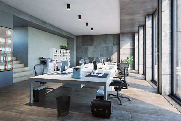 現代的なオフィスのインテリア。3Dレンダリングデザインコンセプト - 写真・画像