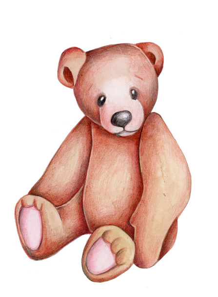 Cute cartoon baby toy teddy bear sitting, retro toy animal. Watercolor hand drawn illustration, isolated. - Photo, Image