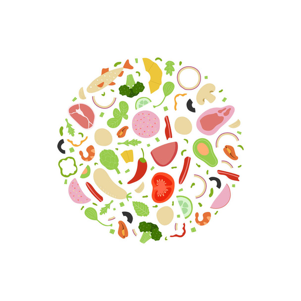 Pizza constructor with all kinds of pizza filling. Meat and fish, cheeses, vegetables, greens, mushrooms and others. Flat vector design - Вектор,изображение