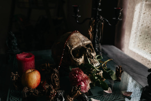 Crânio com uma rosa Flor na mesa.  - Foto, Imagem
